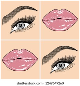 Illustration with collage of woman's eye, eyebrows, eyelashes, sexy lips and luxury lipstick . Makeup Look. Tattoo design. Logo for brow bar, lash or beauty salon.