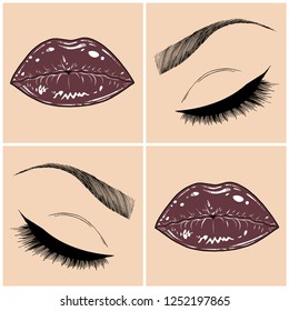 Illustration with collage of woman's eye, eyebrows, eyelashes, sexy lips and luxury lipstick . Makeup Look. Tattoo design. Logo for brow bar, lash or beauty salon.