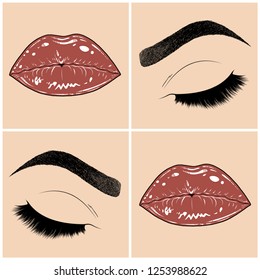 Illustration with collage of woman's eye, eyebrows, eyelashes, sexy lips and luxury lipstick . Makeup Look. Tattoo design. Logo for brow bar, lash or beauty salon.