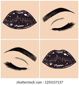 Illustration with collage of woman's eye, eyebrows, eyelashes, sexy lips and luxury lipstick . Makeup Look. Tattoo design. Logo for brow bar, lash or beauty salon.