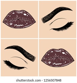 Illustration with collage of woman's eye, eyebrows, eyelashes, sexy lips and luxury lipstick . Makeup Look. Tattoo design. Logo for brow bar, lash or beauty salon.