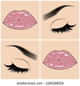 Illustration with collage of woman's eye, eyebrows, eyelashes, sexy lips and luxury lipstick . Makeup Look. Tattoo design. Logo for brow bar, lash or beauty salon.