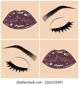 Illustration with collage of woman's eye, eyebrows, eyelashes, sexy lips and luxury lipstick . Makeup Look. Tattoo design. Logo for brow bar, lash or beauty salon.