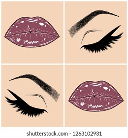 Illustration with collage of woman's eye, eyebrows, eyelashes, sexy lips and luxury lipstick . Makeup Look. Tattoo design. Logo for brow bar, lash or beauty salon.