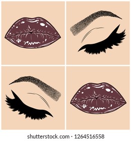 Illustration with collage of woman's eye, eyebrows, eyelashes, sexy lips and luxury lipstick . Makeup Look. Tattoo design. Logo for brow bar, lash or beauty salon.