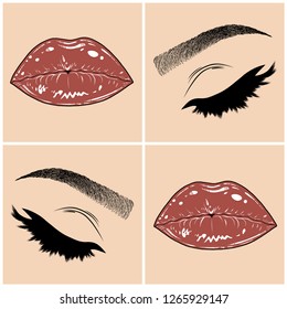 Illustration with collage of woman's eye, eyebrows, eyelashes, sexy lips and luxury lipstick . Makeup Look. Tattoo design. Logo for brow bar, lash or beauty salon.