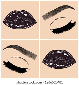 Illustration with collage of woman's eye, eyebrows, eyelashes, sexy lips and luxury lipstick . Makeup Look. Tattoo design. Logo for brow bar, lash or beauty salon.