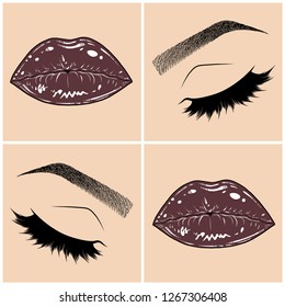 Illustration with collage of woman's eye, eyebrows, eyelashes, sexy lips and luxury lipstick . Makeup Look. Tattoo design. Logo for brow bar, lash or beauty salon.