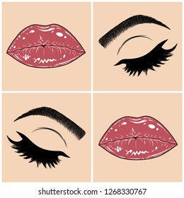 Illustration with collage of woman's eye, eyebrows, eyelashes, sexy lips and luxury lipstick . Makeup Look. Tattoo design. Logo for brow bar, lash or beauty salon.
