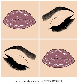 Illustration with collage of woman's eye, eyebrows, eyelashes, sexy lips and luxury lipstick . Makeup Look. Tattoo design. Logo for brow bar, lash or beauty salon.