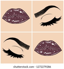 Illustration with collage of woman's eye, eyebrows, eyelashes, sexy lips and luxury lipstick . Makeup Look. Tattoo design. Logo for brow bar, lash or beauty salon.