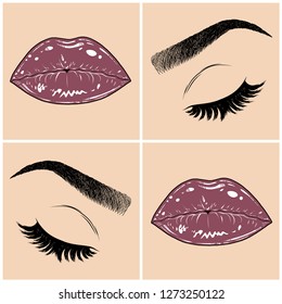Illustration with collage of woman's eye, eyebrows, eyelashes, sexy lips and luxury lipstick . Makeup Look. Tattoo design. Logo for brow bar, lash or beauty salon.