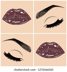 Illustration with collage of woman's eye, eyebrows, eyelashes, sexy lips and luxury lipstick . Makeup Look. Tattoo design. Logo for brow bar, lash or beauty salon.