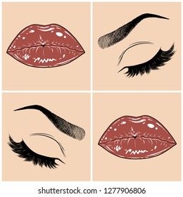 Illustration with collage of woman's eye, eyebrows, eyelashes, sexy lips and luxury lipstick . Makeup Look. Tattoo design. Logo for brow bar, lash or beauty salon.