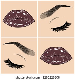 Illustration with collage of woman's eye, eyebrows, eyelashes, sexy lips and luxury lipstick . Makeup Look. Tattoo design. Logo for brow bar, lash or beauty salon.