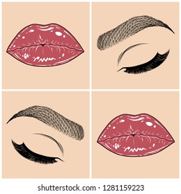 Illustration with collage of woman's eye, eyebrows, eyelashes, sexy lips and luxury lipstick . Makeup Look. Tattoo design. Logo for brow bar, lash or beauty salon.