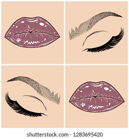 Illustration with collage of woman's eye, eyebrows, eyelashes, sexy lips and luxury lipstick . Makeup Look. Tattoo design. Logo for brow bar, lash or beauty salon.