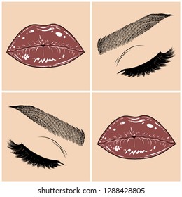 Illustration with collage of woman's eye, eyebrows, eyelashes, sexy lips and luxury lipstick . Makeup Look. Tattoo design. Logo for brow bar, lash or beauty salon.
