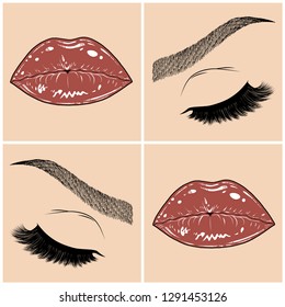 Illustration with collage of woman's eye, eyebrows, eyelashes, sexy lips and luxury lipstick . Makeup Look. Tattoo design. Logo for brow bar, lash or beauty salon.