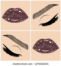 Illustration with collage of woman's eye, eyebrows, eyelashes, sexy lips and luxury lipstick . Makeup Look. Tattoo design. Logo for brow bar, lash or beauty salon.