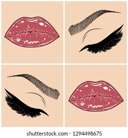 Illustration with collage of woman's eye, eyebrows, eyelashes, sexy lips and luxury lipstick . Makeup Look. Tattoo design. Logo for brow bar, lash or beauty salon.
