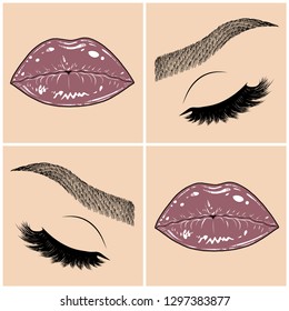 Illustration with collage of woman's eye, eyebrows, eyelashes, sexy lips and luxury lipstick . Makeup Look. Tattoo design. Logo for brow bar, lash or beauty salon.
