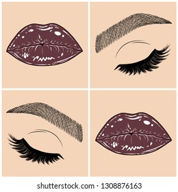 Illustration with collage of woman's eye, eyebrows, eyelashes, sexy lips and luxury lipstick . Makeup Look. Tattoo design. Logo for brow bar, lash or beauty salon.