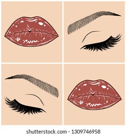 Illustration with collage of woman's eye, eyebrows, eyelashes, sexy lips and luxury lipstick . Makeup Look. Tattoo design. Logo for brow bar, lash or beauty salon.