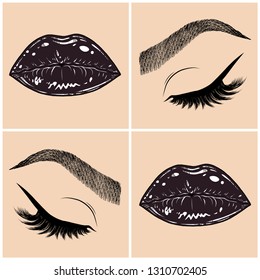 Illustration with collage of woman's eye, eyebrows, eyelashes, sexy lips and luxury lipstick . Makeup Look. Tattoo design. Logo for brow bar, lash or beauty salon.