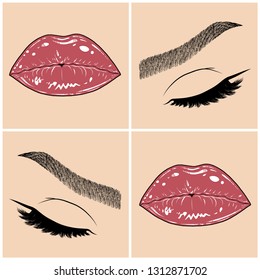 Illustration with collage of woman's eye, eyebrows, eyelashes, sexy lips and luxury lipstick . Makeup Look. Tattoo design. Logo for brow bar, lash or beauty salon.