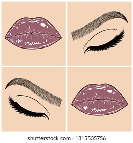 Illustration with collage of woman's eye, eyebrows, eyelashes, sexy lips and luxury lipstick . Makeup Look. Tattoo design. Logo for brow bar, lash or beauty salon.