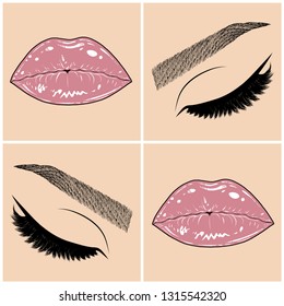 Illustration with collage of woman's eye, eyebrows, eyelashes, sexy lips and luxury lipstick . Makeup Look. Tattoo design. Logo for brow bar, lash or beauty salon.