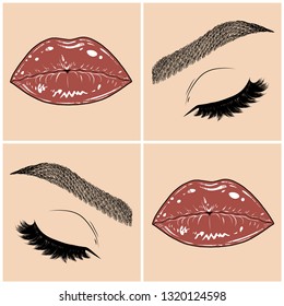 Illustration with collage of woman's eye, eyebrows, eyelashes, sexy lips and luxury lipstick . Makeup Look. Tattoo design. Logo for brow bar, lash or beauty salon.