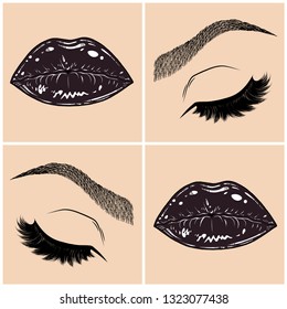 Illustration with collage of woman's eye, eyebrows, eyelashes, sexy lips and luxury lipstick . Makeup Look. Tattoo design. Logo for brow bar, lash or beauty salon.