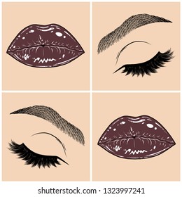 Illustration with collage of woman's eye, eyebrows, eyelashes, sexy lips and luxury lipstick . Makeup Look. Tattoo design. Logo for brow bar, lash or beauty salon.