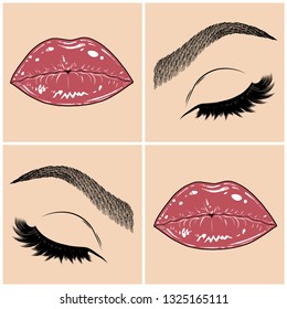 Illustration with collage of woman's eye, eyebrows, eyelashes, sexy lips and luxury lipstick . Makeup Look. Tattoo design. Logo for brow bar, lash or beauty salon.