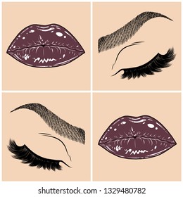 Illustration with collage of woman's eye, eyebrows, eyelashes, sexy lips and luxury lipstick . Makeup Look. Tattoo design. Logo for brow bar, lash or beauty salon.