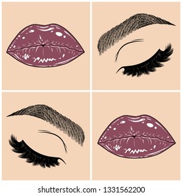 Illustration with collage of woman's eye, eyebrows, eyelashes, sexy lips and luxury lipstick . Makeup Look. Tattoo design. Logo for brow bar, lash or beauty salon.
