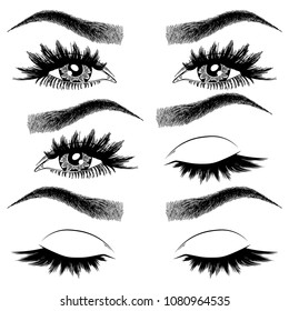 Illustration with collage of woman's eye wink, eyebrows and eyelashes. Makeup Look. Tattoo design. Logo for brow bar or lash salon.