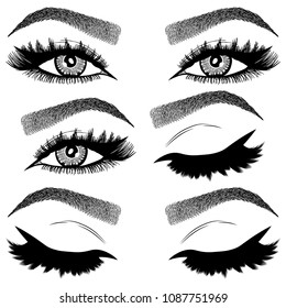 Illustration with collage of woman's eye wink, eyebrows and eyelashes. Makeup Look. Tattoo design. Logo for brow bar or lash salon.