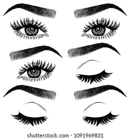 Illustration with collage of woman's eye wink, eyebrows and eyelashes. Makeup Look. Tattoo design. Logo for brow bar or lash salon.