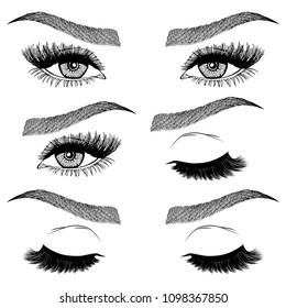 Illustration with collage of woman's eye wink, eyebrows and eyelashes. Makeup Look. Tattoo design. Logo for brow bar or lash salon.