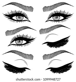 Illustration with collage of woman's eye wink, eyebrows and eyelashes. Makeup Look. Tattoo design. Logo for brow bar or lash salon.