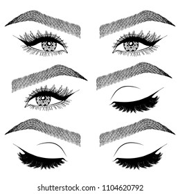 Illustration with collage of woman's eye wink, eyebrows and eyelashes. Makeup Look. Tattoo design. Logo for brow bar or lash salon.