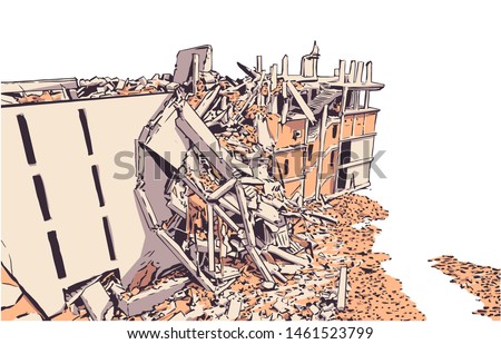 Illustration of collapsed building due to earthquake, natural disaster, explosion, fire 