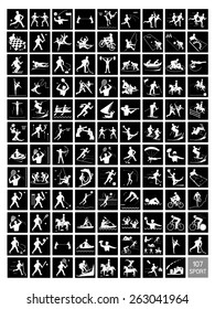 Illustration Collection of 107 Winter and Summer Sport Icons in Black and White Colors. 