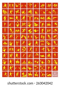 Illustration Collection of 107 Winter and Summer Sport Icons in Yellow and Red Colors. 