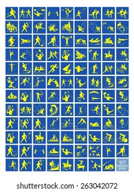 Illustration Collection of 107 Winter and Summer Sport Icons in Yellow and Blue Colors. 