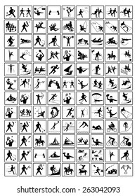 Illustration Collection of 107 Winter and Summer Sport Icons in Black and White Colors. 