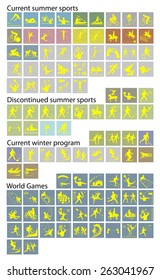 Illustration Collection of 107 World Summer and World Winter Sport Icons on White Background. 